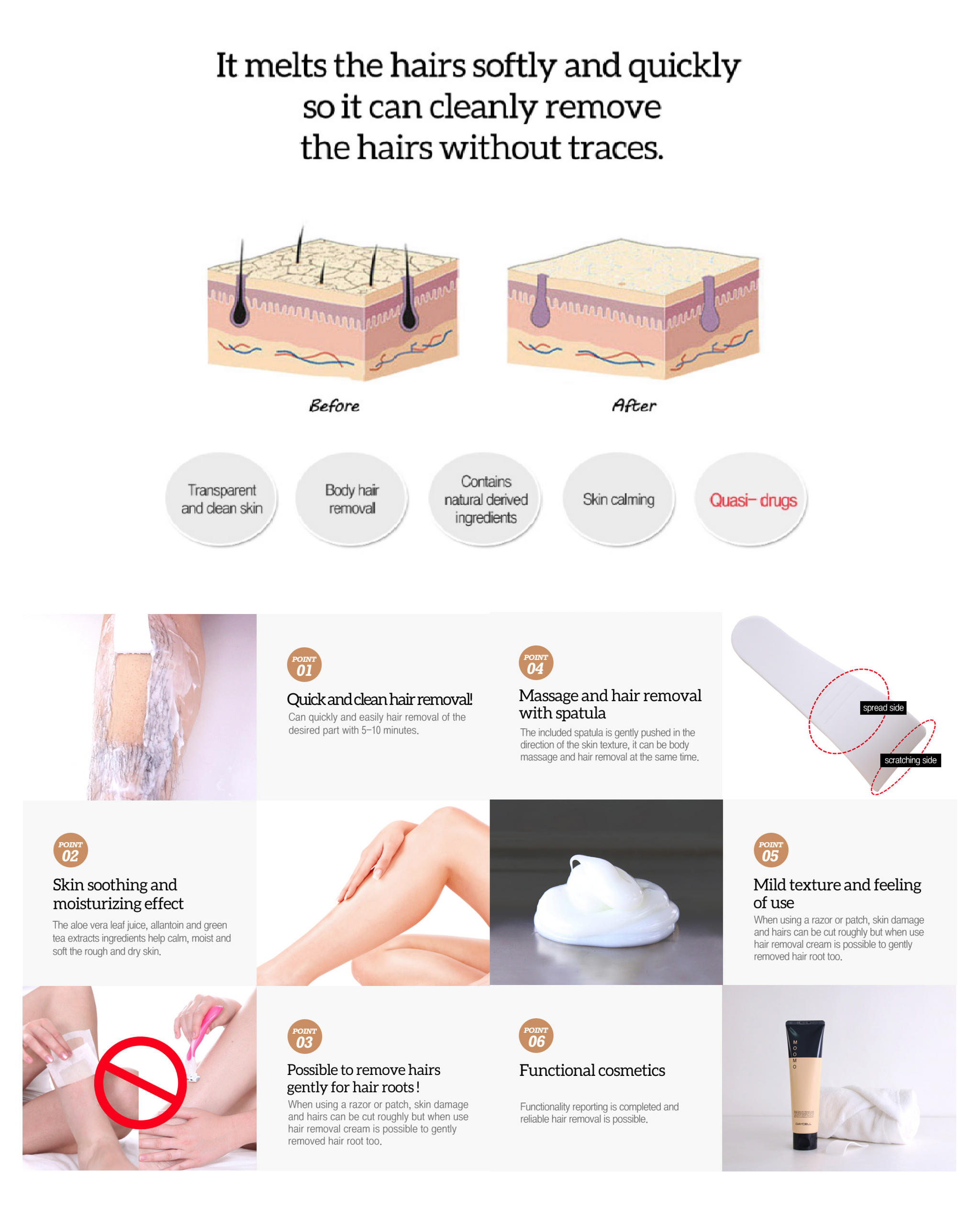 MOOMO Clean Hair Removal Cream 150ml with Waxing Spatula